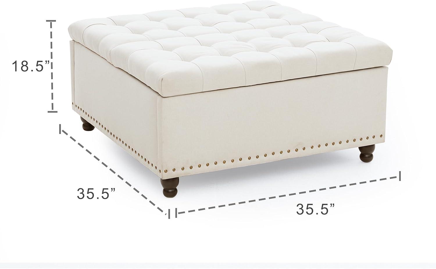 Beige Tufted Upholstered Square Storage Ottoman Bench