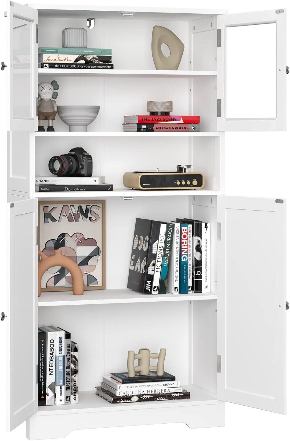 White MDF Bathroom Cabinet with Adjustable Shelving and Glass Doors