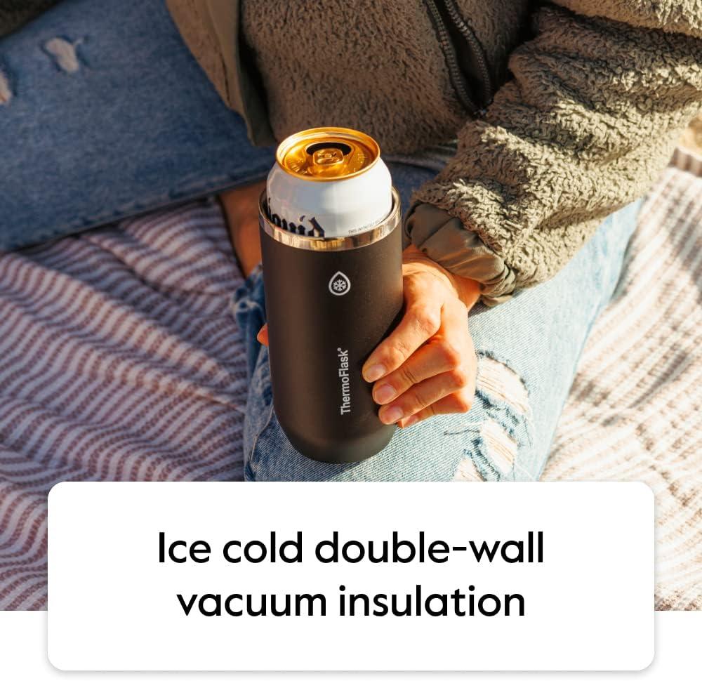 ThermoFlask 2-in-1 Vacuum Insulated Can Cooler Cup, 12 oz, Fits Slim Size Cans, Sweatproof, Non-Slip Base, Jet Black
