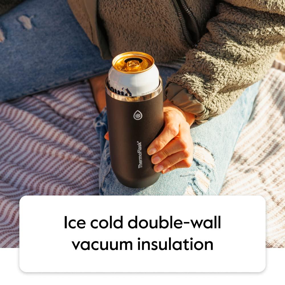 ThermoFlask 2-in-1 Vacuum Insulated Can Cooler Cup, 12 oz, Fits Slim Size Cans, Sweatproof, Non-Slip Base, Jet Black