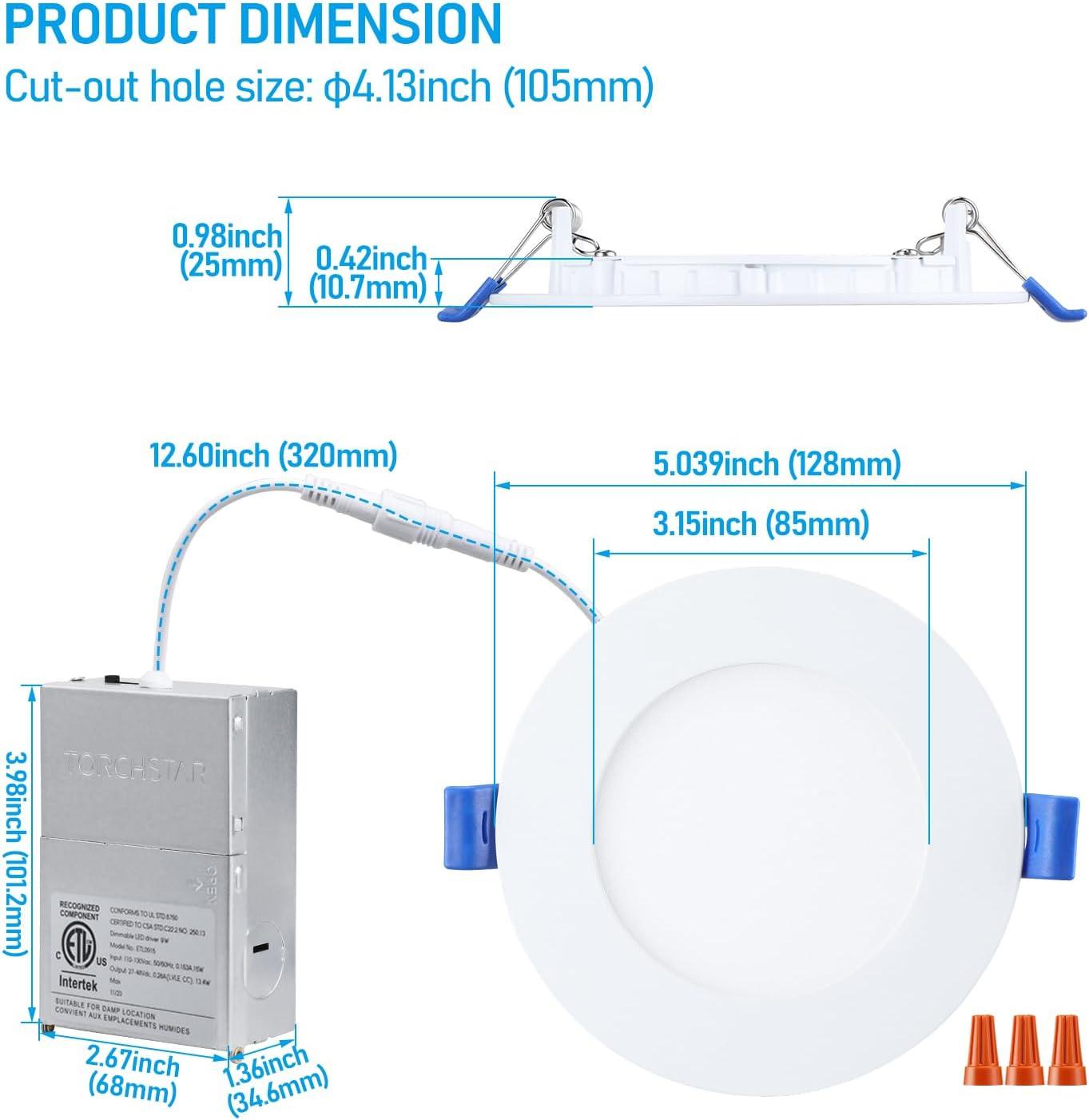 TORCHSTAR 12 Pack 4" 5CCT Dimmable LED Recessed Light with J-Box, 2700K/3000K/3500K/4000K/5000K Selectable, 10W LED Downlight, Aluminum, High Brightness, ETL & Energy Star