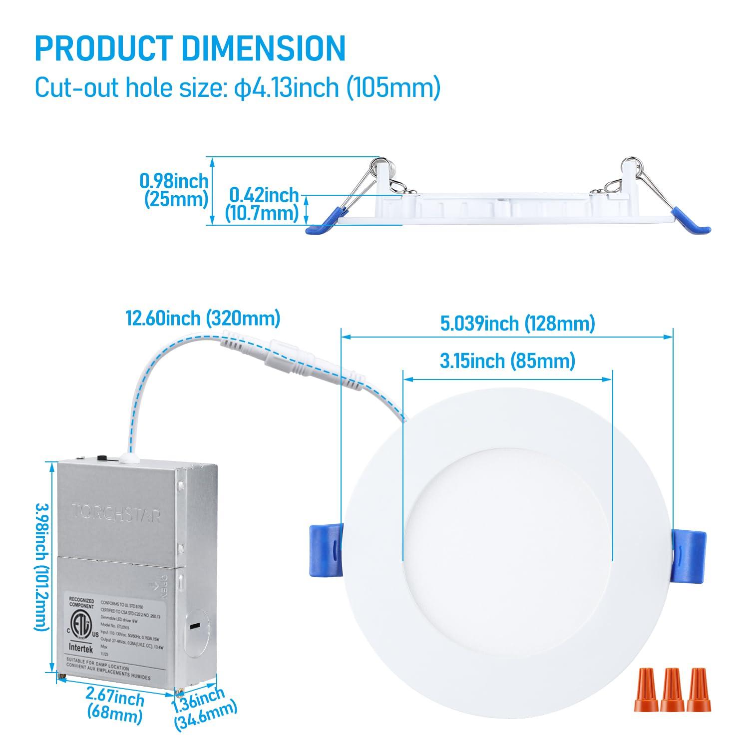 TORCHSTAR 12 Pack 4" 5CCT Dimmable LED Recessed Light with J-Box, 2700K/3000K/3500K/4000K/5000K Selectable, 10W LED Downlight, Aluminum, High Brightness, ETL & Energy Star