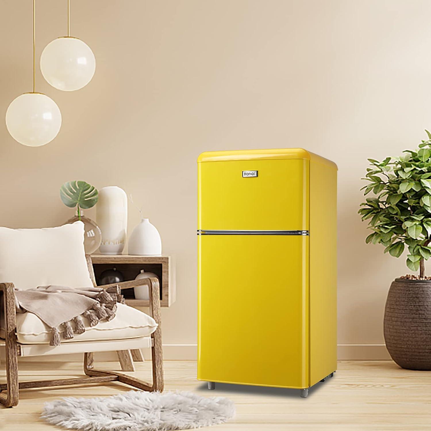 WANAI 3.2.Cu ft Two Door Mini Fridge with Freezer, A retro look,(yellow)