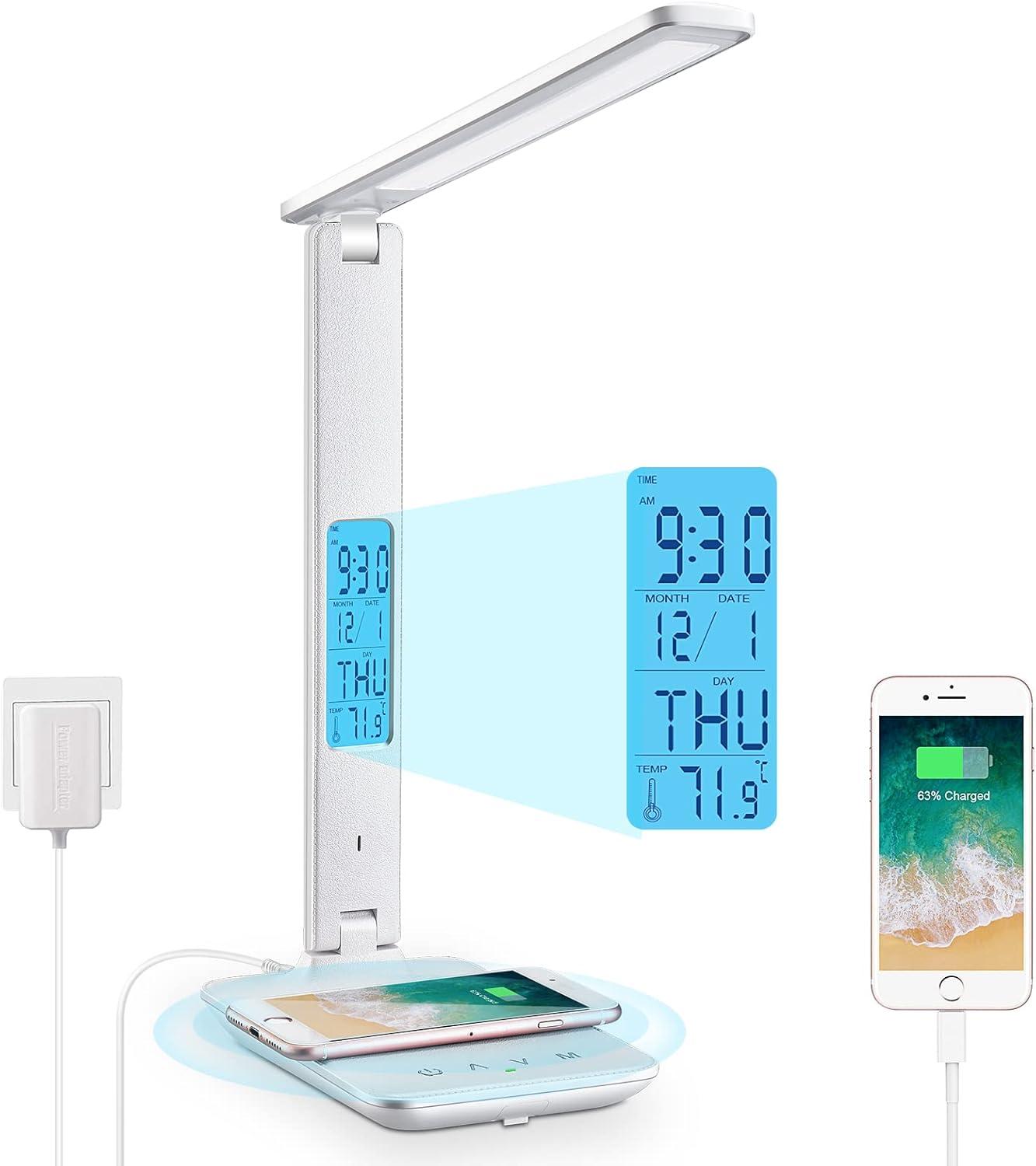 White Adjustable LED Desk Lamp with Wireless Charger and Clock