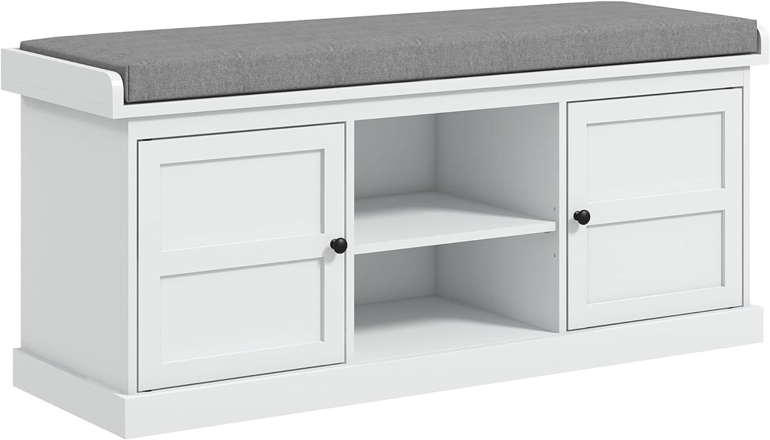 White MDF Shoe Storage Bench with Gray Cushion and Cabinets