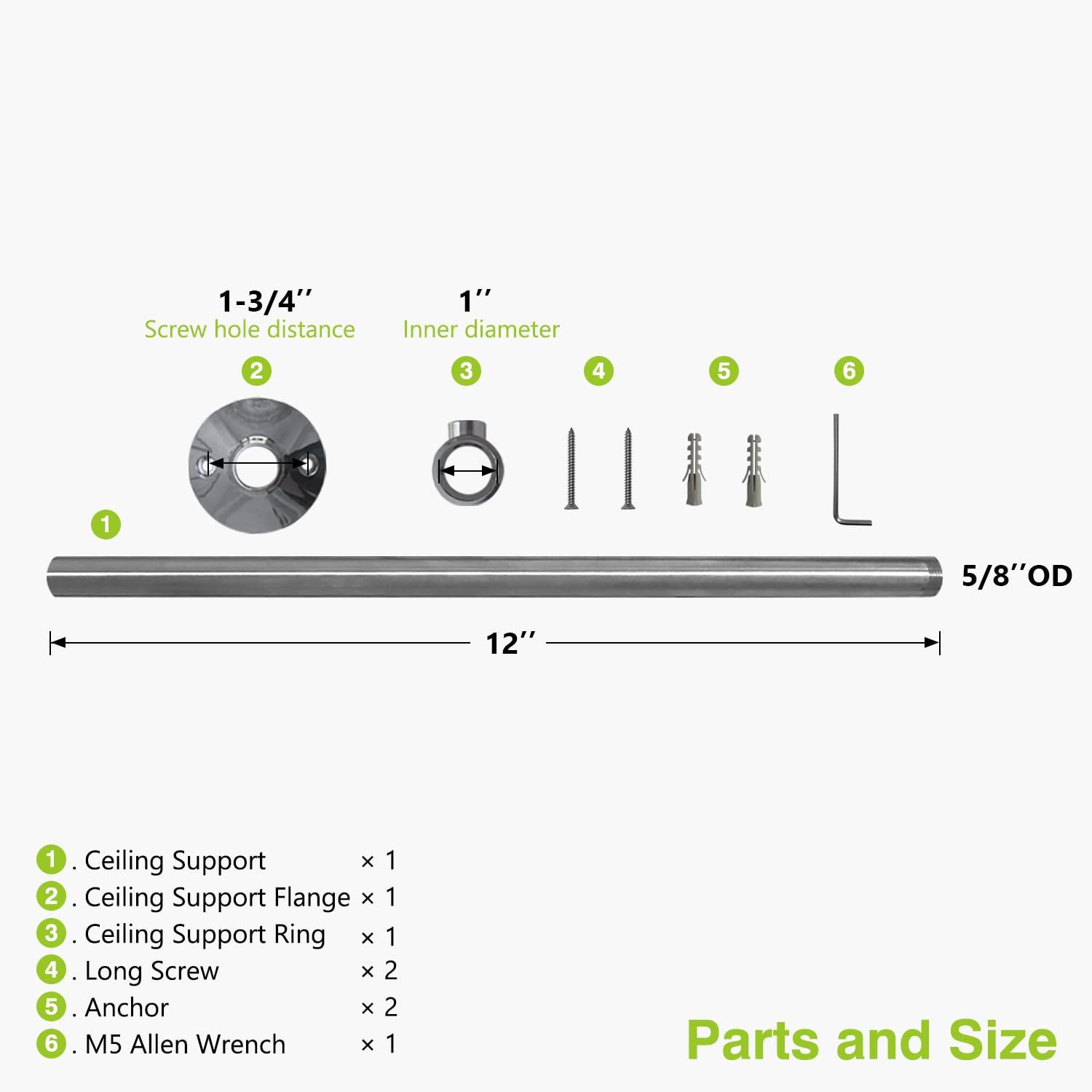 Naiture 12'' Stainless Steel Shower Rod Ceiling Support, 5/8" OD Rod with 1" Loop, Chrome Finish