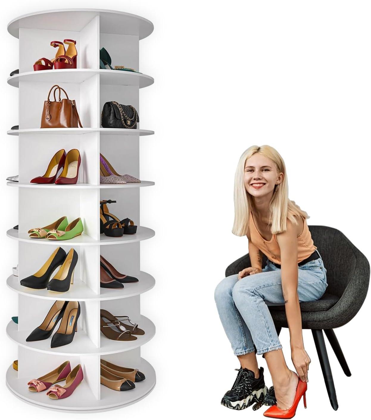 White 7-Tier Revolving Shoe Rack Tower with Wood Shelves