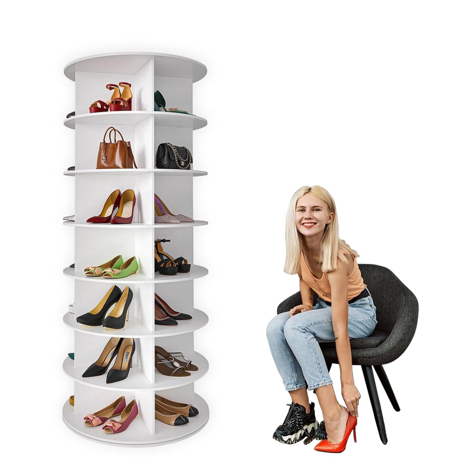 SpaceAid 7-Tier Rotating Shoe Rack Tower, 360° Spinning Shoe Display Carousel, Vertical Shoe and Handbag Organizer, Lazy Susan Closet Storage (White)