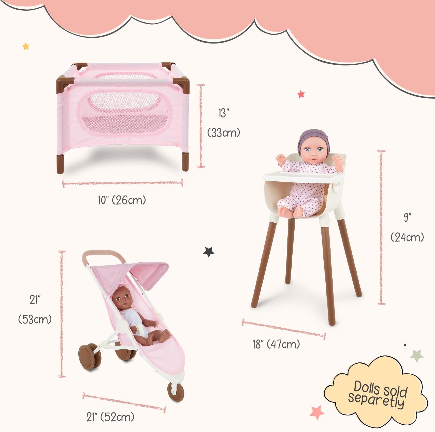 LullaBaby Pale Pink and Brown Doll Nursery Playset with High Chair, Playpen & Stroller