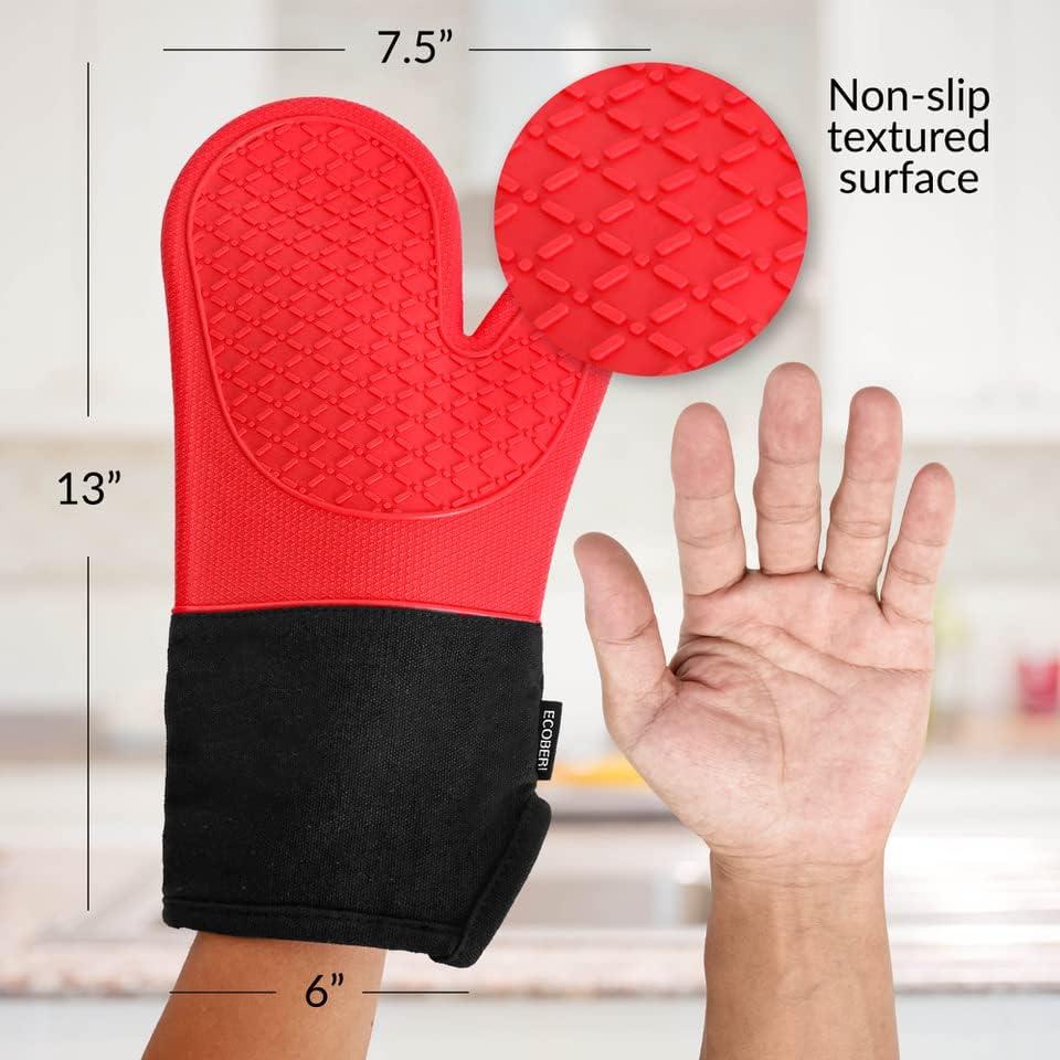 Red Silicone and Cotton Oven Mitts and Pot Holder Set