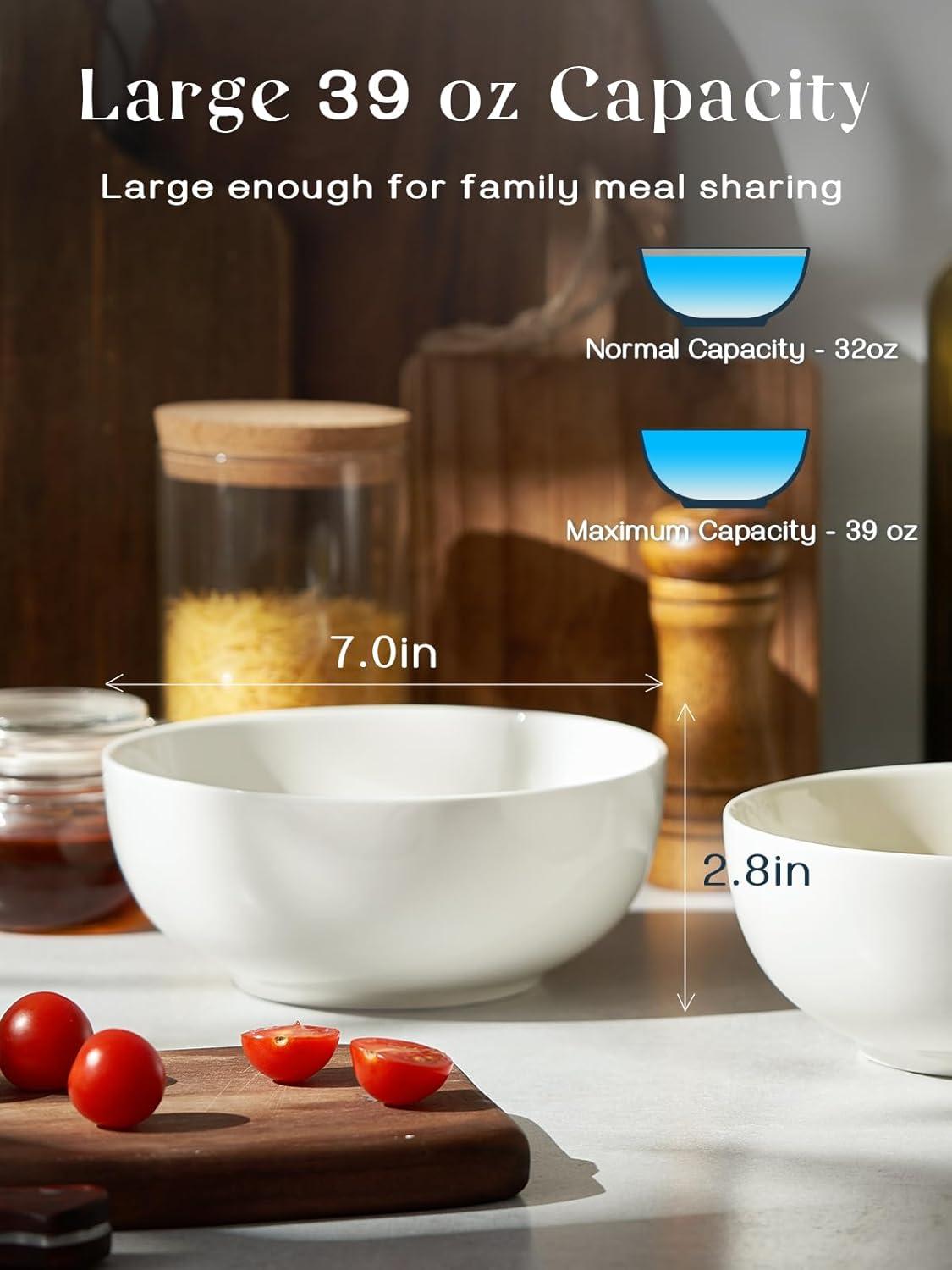 DOWAN 39 OZ Large Deep Bowls Set of 4 - White Ceramic Bowls for Ramen, Pasta, Salad, Mixed Fruit - Dishwasher & Microwave Safe