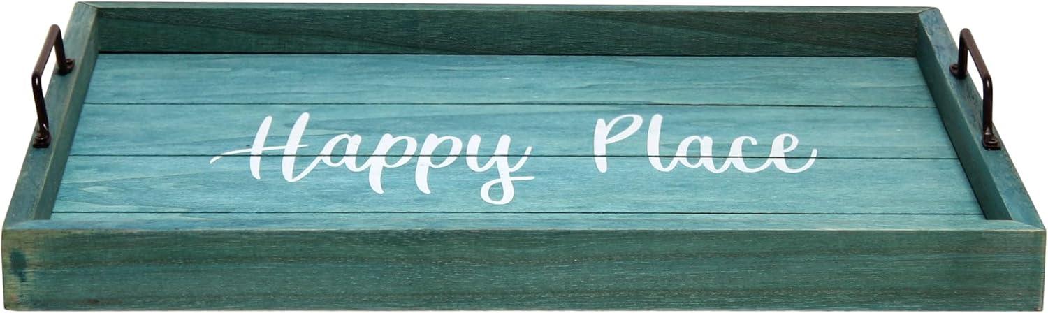 Elegant Designs 15.5" x 12" Decorative Wood Serving Tray, "Happy Place", Blue Wash