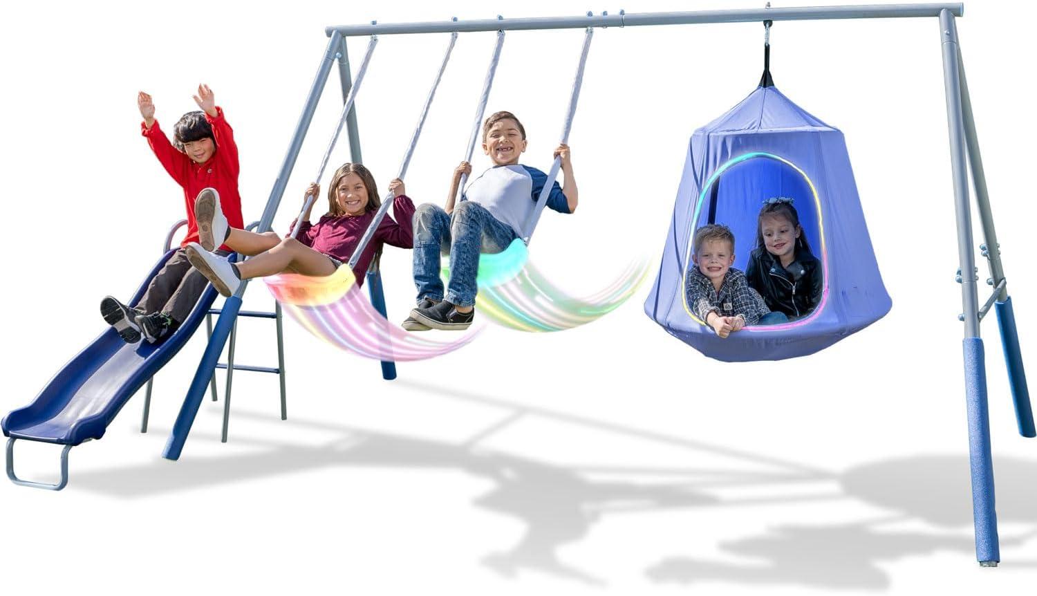 Blue Metal Swing Set with LED Swings and Wave Slide