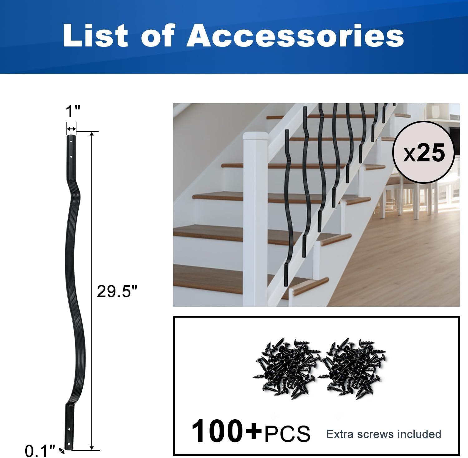 25 Pack - 29.5"x1" Deck Balusters Metal Deck Spindles Staircase Baluster with Screws for Wood Wave Arc Shiny Black Indoor Outdoor