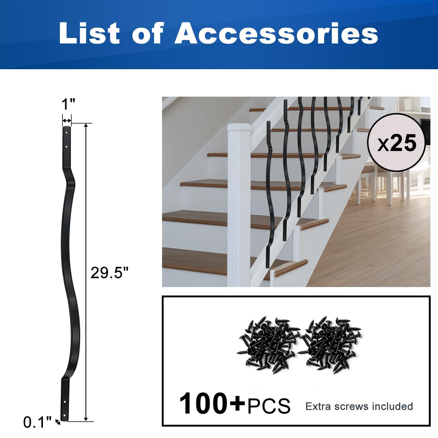 25 Pack - 29.5"x1" Deck Balusters Metal Deck Spindles Staircase Baluster with Screws for Wood Wave Arc Shiny Black Indoor Outdoor