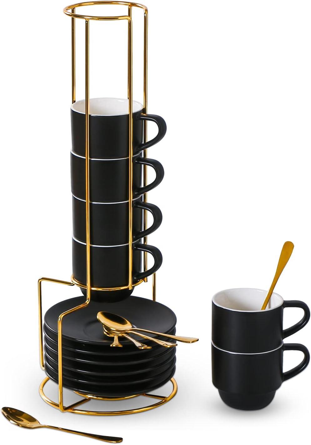 Black Porcelain Espresso Cups with Gold Spoons and Stand Set