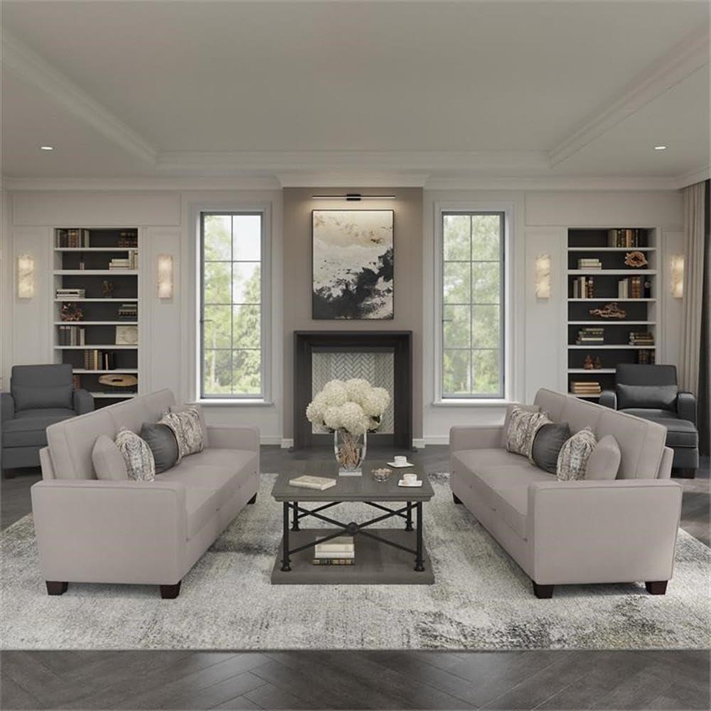 Stockton Chaise Lounge with Arms in Beige Herringbone Fabric