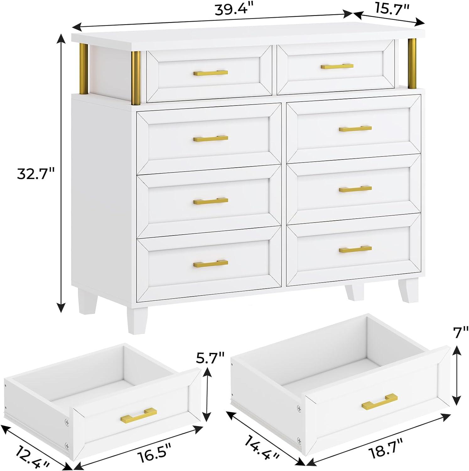 Afuhokles 8 Drawer Dresser for Bedroom, Chest of Drawers with LED Light, Tall Wide Dresser for Storage and Organization, White