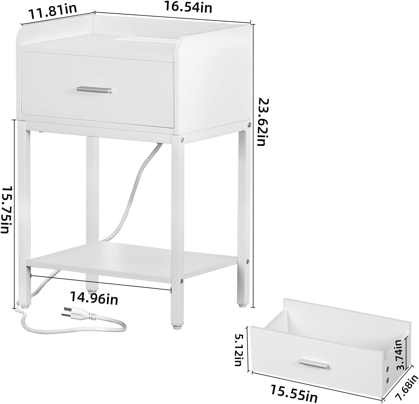 YAHARBO White Nightstand Set of 2 with Charging Station, Small Bedside Table with USB Ports and Power Outlets, Modern End Side Tables with Drawer, Night Stand for Bedroom, Office, Small Space
