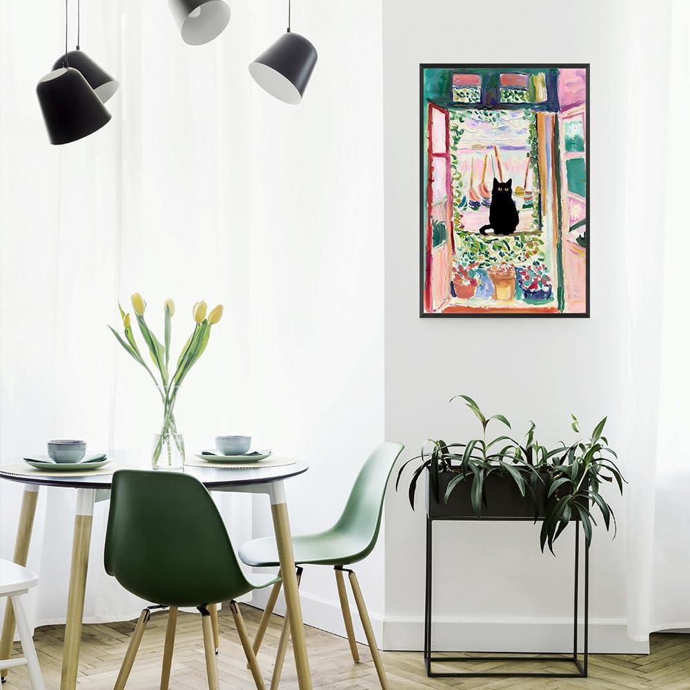 Henri Matisse Oil Paintings on Canvas Wall Art Matisse Famous Open Window Black Cat Poster Funny Cat Floral Print Colorful Farmhouse Gallery Aesthetic Room Decor for Bedroom Bathroom 12x16in Unframed