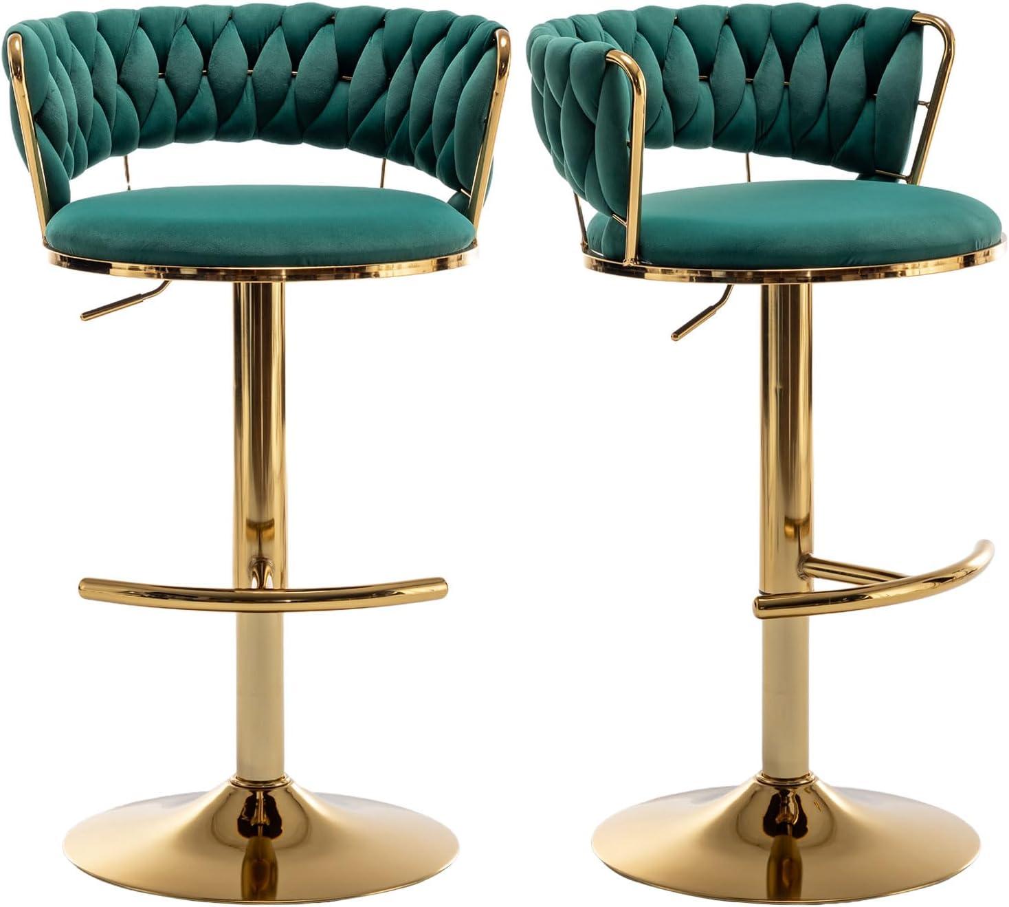 Emerald Green Velvet Adjustable Swivel Bar Stools with Gold Base, Set of 2