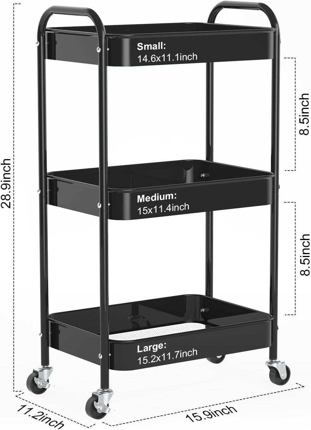 Black 3-Tier Metal Rolling Storage Cart with Wheels