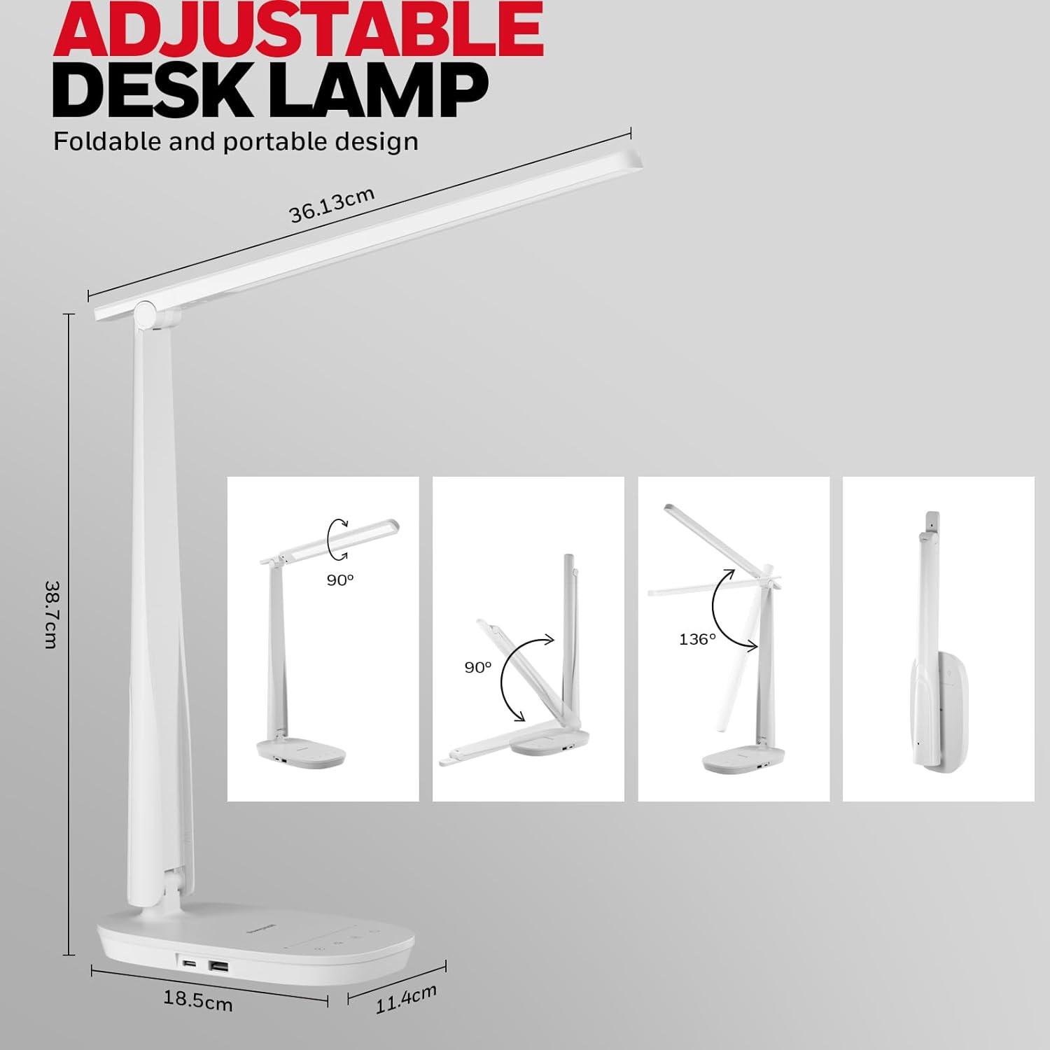 Honeywell LED Desk Lamp Dimmable Desk Light with USB A+C Dual Charging Port Eye-Caring Foldable Table Lamp with 4 Color Modes for Home Office Bedroom Reading Study Work HWT-H2W White