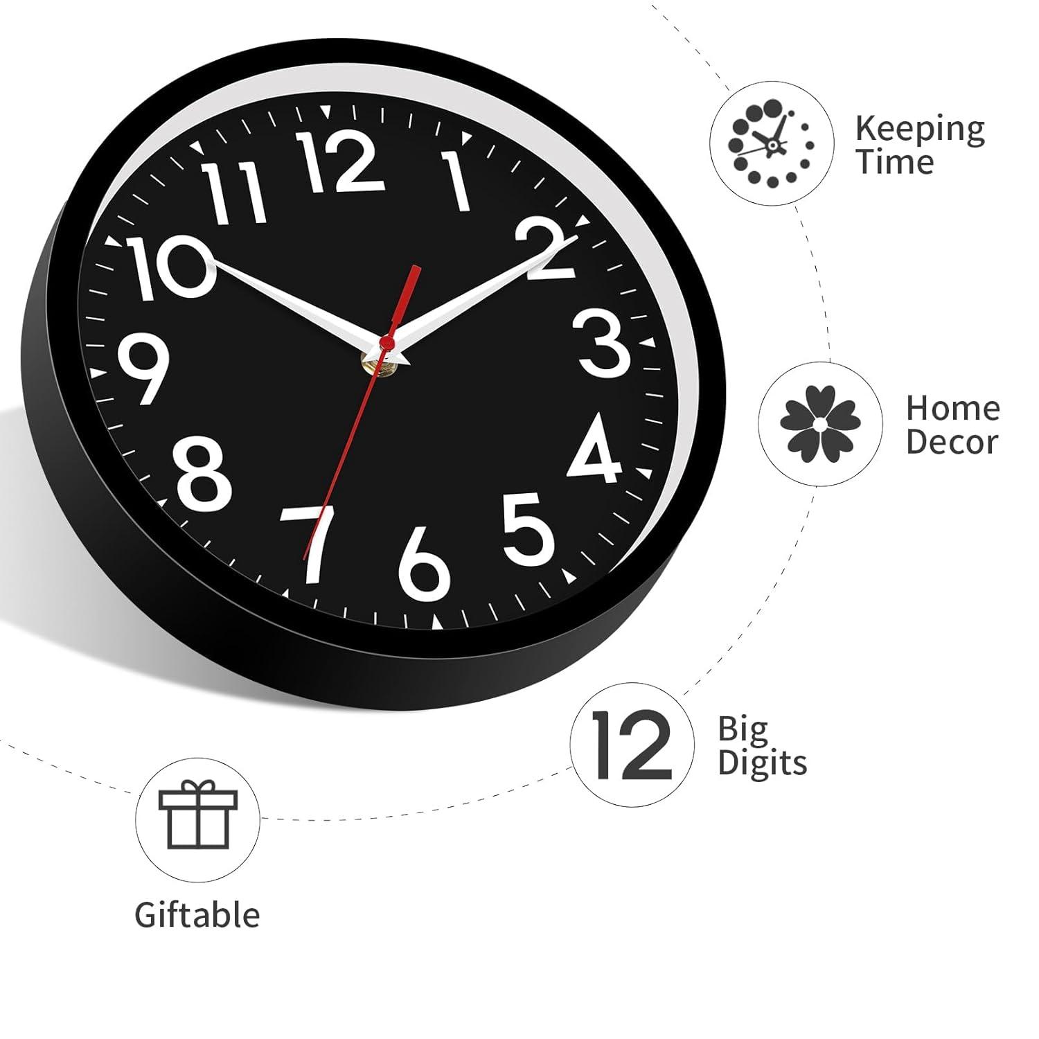YEHOOM Wall Clock 10 Inch Silent Non-Ticking Modern Clocks Battery Operated - Analog Small Classic for Office, Home, Bathroom, Kitchen, Bedroom, School, Living Room(Black)