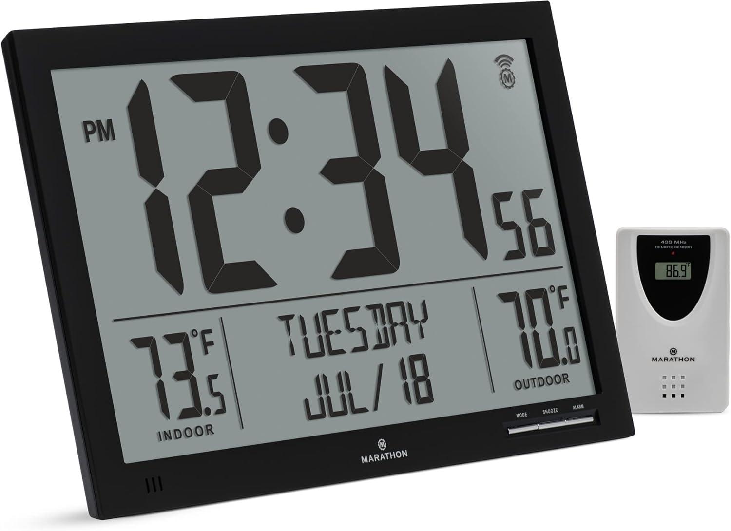 Marathon Black Atomic Digital Clock with Indoor/Outdoor Temperature