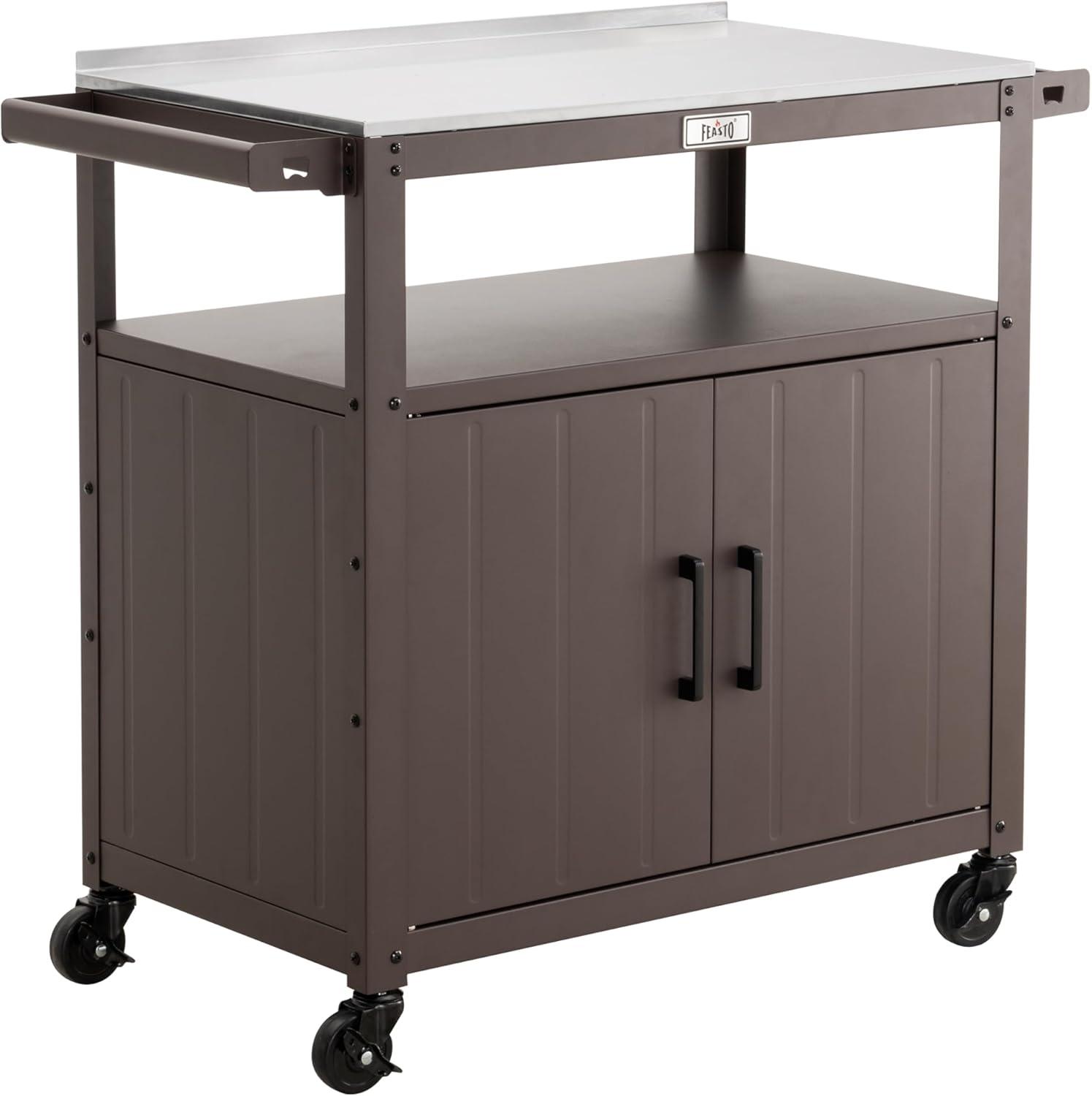 Feasto Feasto Outdoor Grill Cart with Stainless Steel Tabletop and Storage Cabinet, Movable Kitchen Island with Wheels for BBQ Food Prep