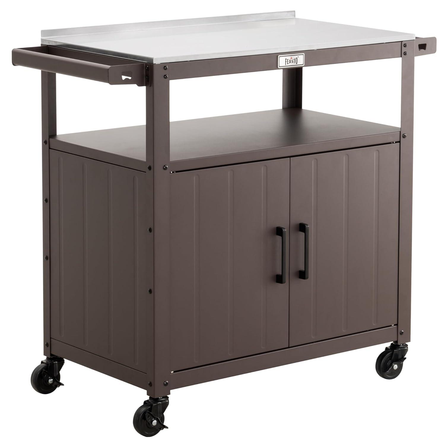 Feasto Feasto Outdoor Grill Cart with Stainless Steel Tabletop and Storage Cabinet, Movable Kitchen Island with Wheels for BBQ Food Prep