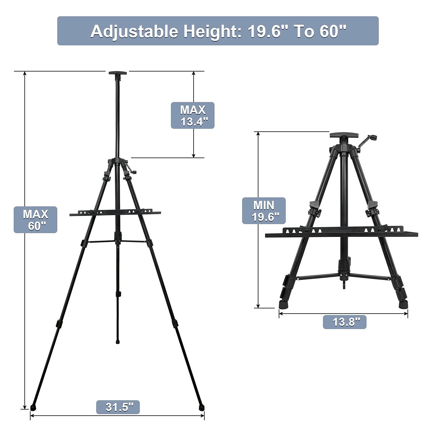 61"-20"Artist Easel Stand, Thick Aviation Aluminum Tripod Display Easel with Portable Bag for Floor/Table-Top Drawing and Displaying, Painting Easel for kids Adult, Spirit Level, Black