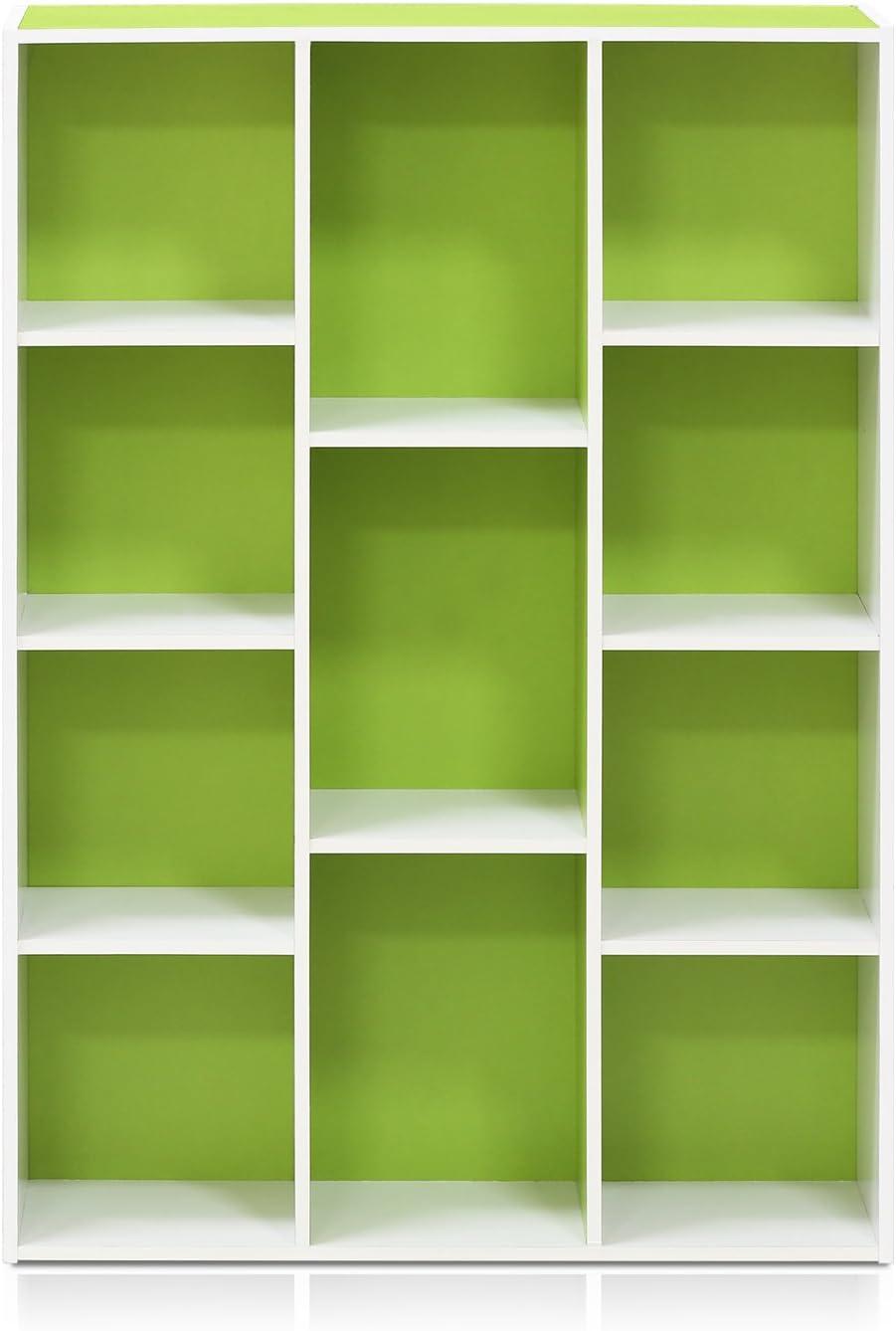 Contemporary White & Light Green Wood 11-Cube Kids Storage Shelf