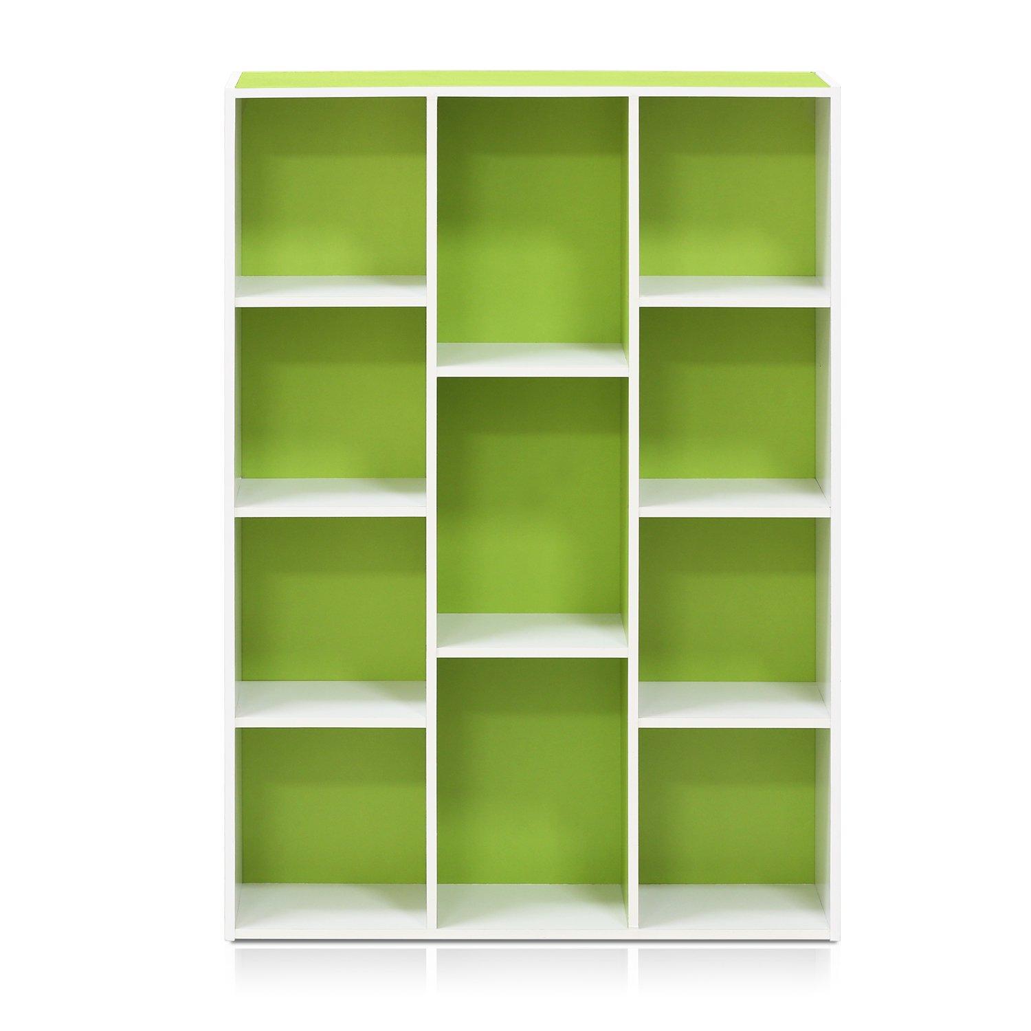 Furinno 3-tier Open Bookcase 11-Cube Floor Standing Storage Shelves Display Cabinet,Green