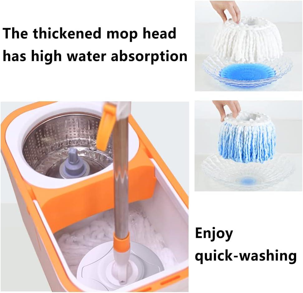 Floor Spin Mop and Bucket Set with Wringer System Extended Stainless Steel Handle 61＂for Home Floor Cleaning Use with 5 Replacement Head Refill and 1 Cleaning Brush Head