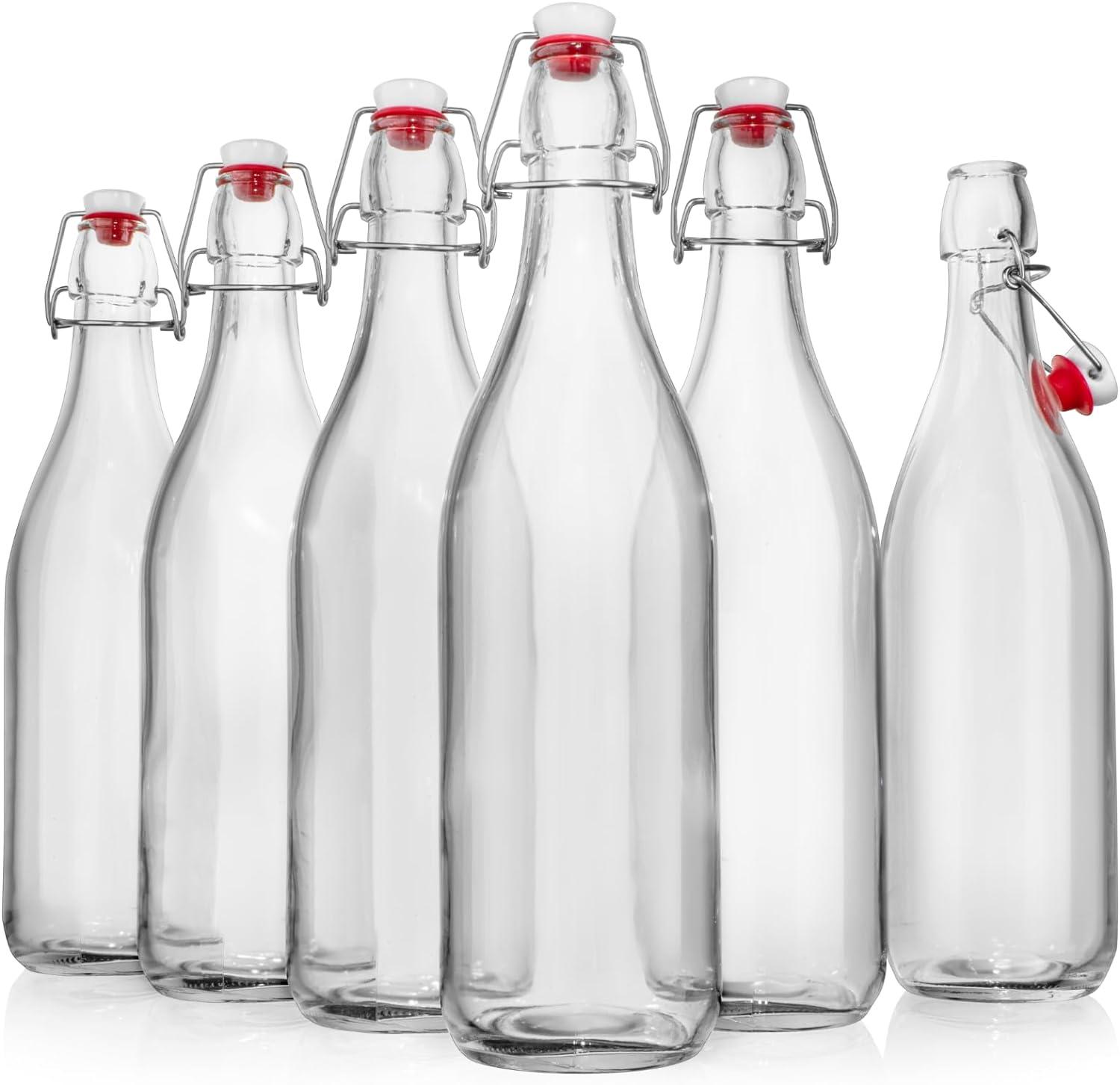 WILLDAN Swing Top Glass Bottles [1 Liter / 33 fl. oz.] [Pack of 6] Flip Top Brewing Bottle w/Leak Proof Stopper Lids for Fermentation, Kombucha, Mead, Vinegar, Beer, Kefir, Wine, Water, Soda