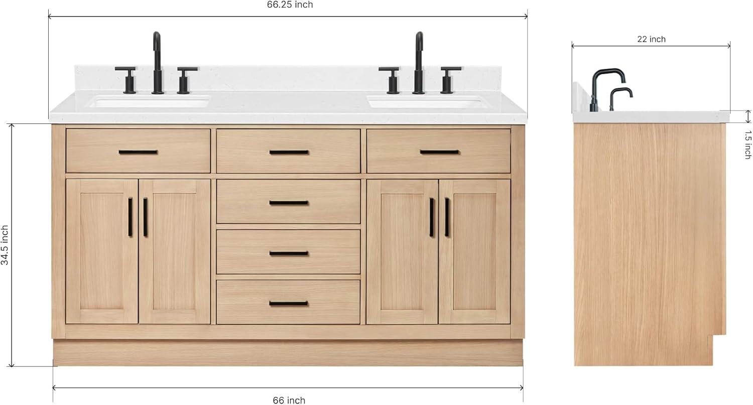 Tidworth 66'' Solid Wood Double Bathroom Vanity with 1.5'' Carrara Quartz Top, Rectangular Sinks