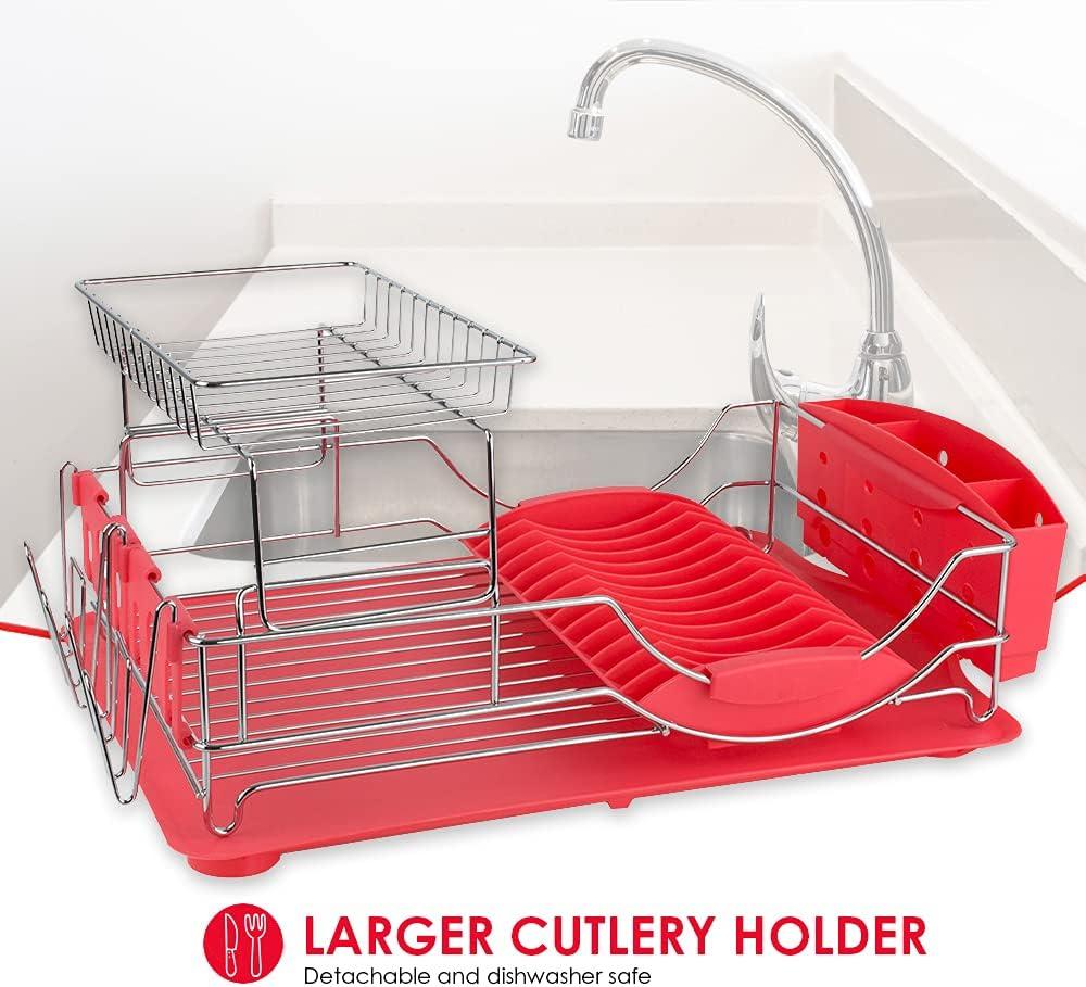 Red 2-Tier Metal Dish Drying Rack with Utensil Cup