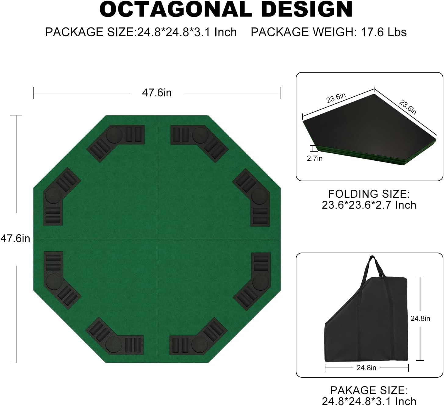 Green 48-Inch Foldable Octagon Poker Table Top with Cup Holders