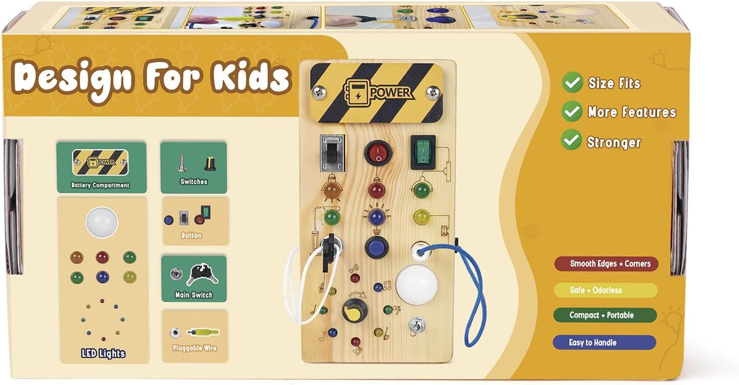 Montessori Wooden Busy Board with 8 LED Light switches, Sensory Toys Light Switch Travel Toys for 1+ Year Old Baby and Toddler
