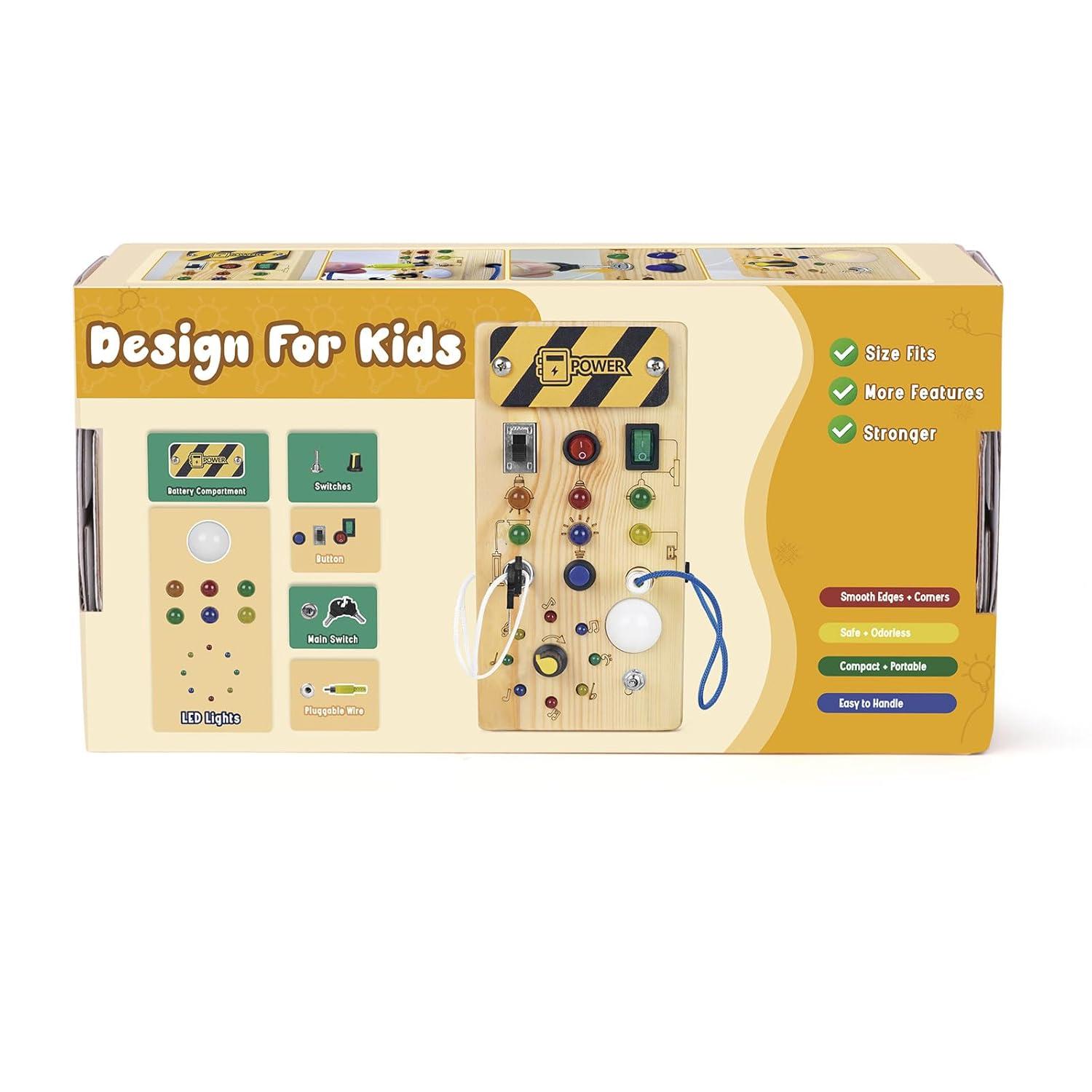 Montessori Wooden Busy Board with 8 LED Light switches, Sensory Toys Light Switch Travel Toys for 1+ Year Old Baby and Toddler