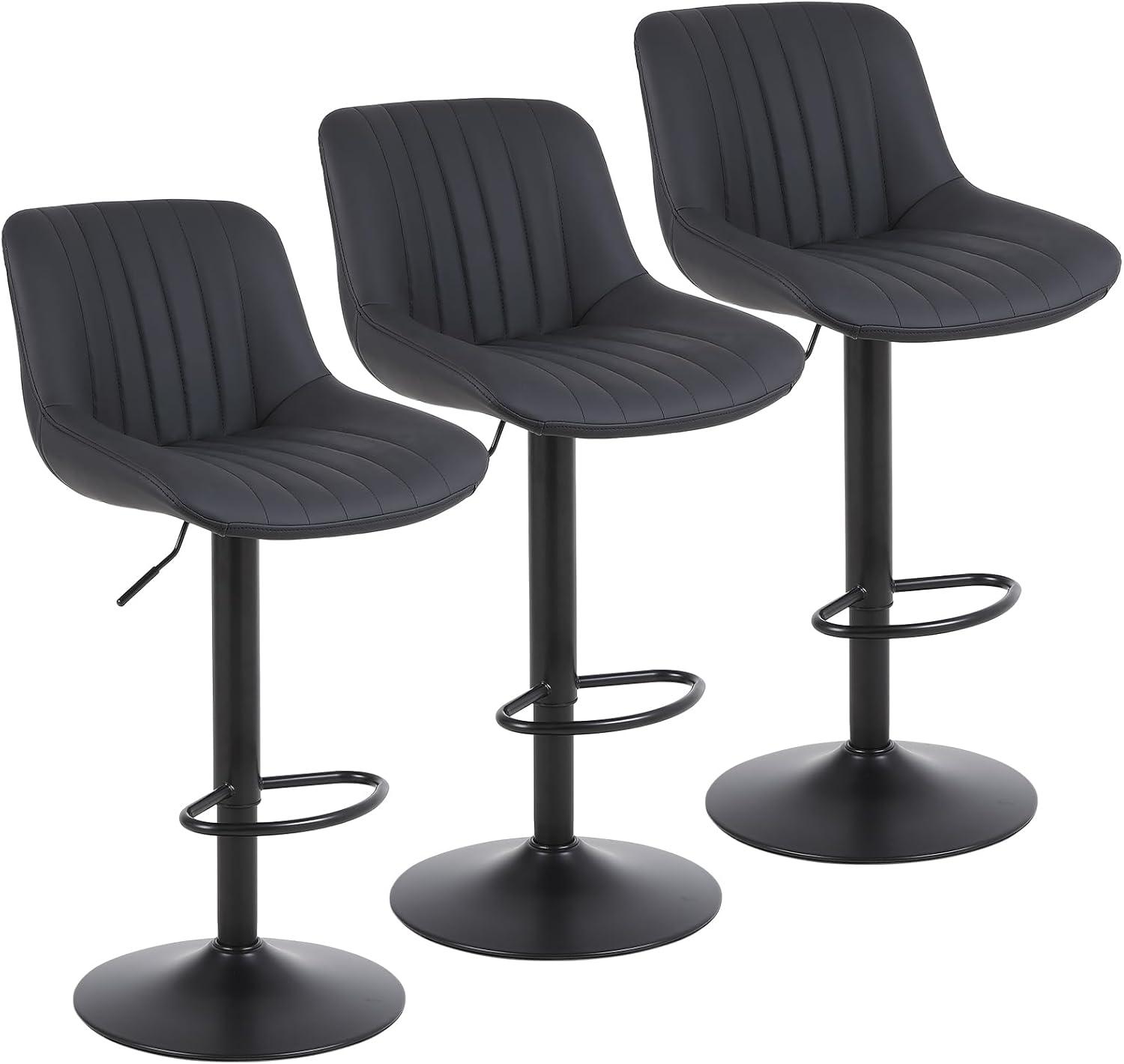 Corrigan Studio® Bar Stools Set of 3, Swivel Counter Height Barstools with Back, Adjustable PU Leather Bar Chairs, Modern Armless Kitchen Island Stool, Black