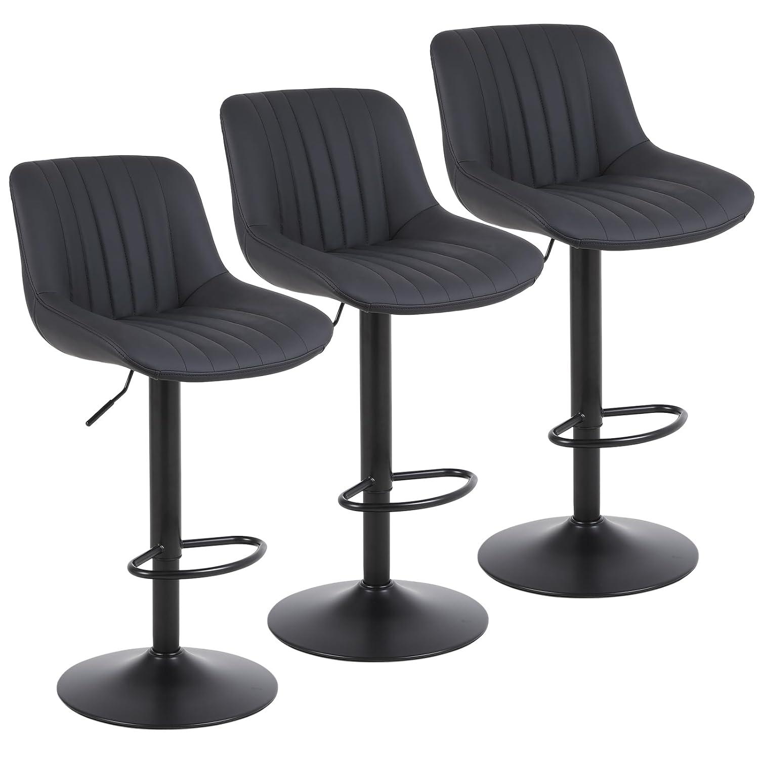 Corrigan Studio® Bar Stools Set of 3, Swivel Counter Height Barstools with Back, Adjustable PU Leather Bar Chairs, Modern Armless Kitchen Island Stool, Black