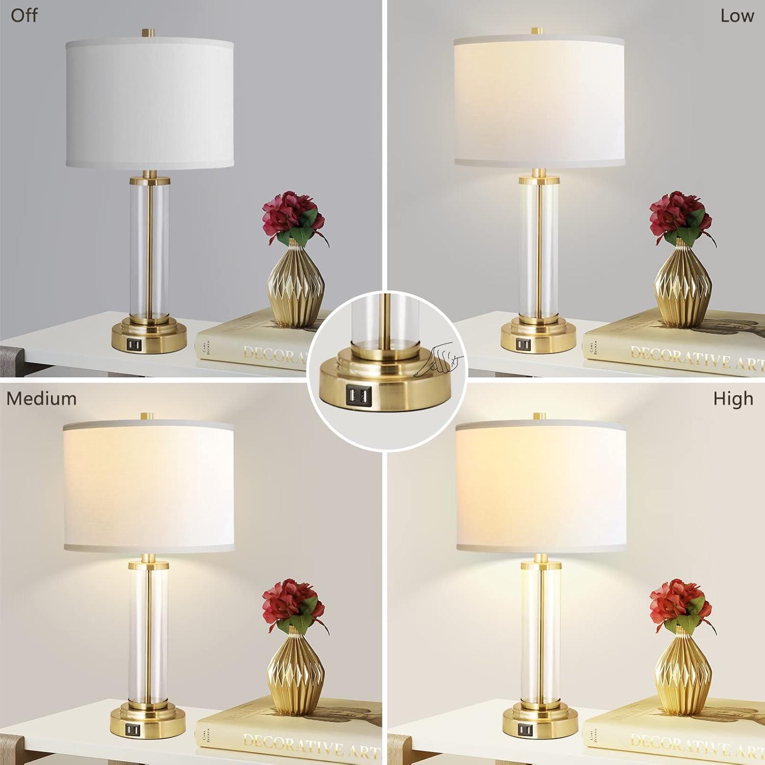 QiMH Lamps for Bedrooms Set of 2, Touch Control Table Lamps with Dual USB Ports, 3-Way Dimmable Bedside Lamp with Fabric Lampshade, Modern Nightstand Lamp for Living Room Bedroom (LED Bulbs Included)