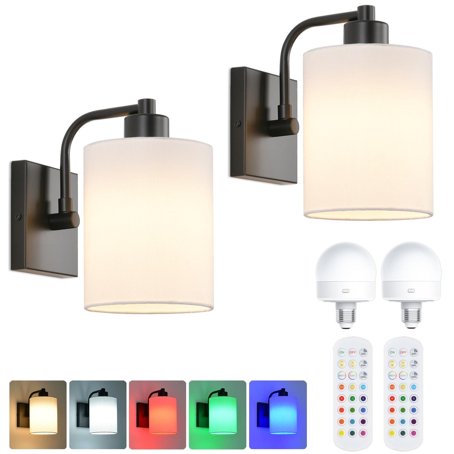 Latitude Run® Battery Operated Wall Sconce Set Of 2, Wireless Rechargeable Wall Lights, Glass Wall Lamps With Remotes And Dimmable RGB LED Bulbs, No Wiring Indoor Sconces Wall Decor For Bedroom Living Room Hallway