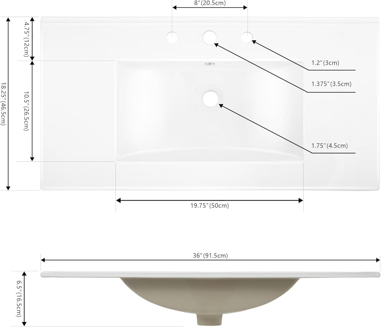 White Rectangular Ceramic Vanity Sink Top with 3 Holes