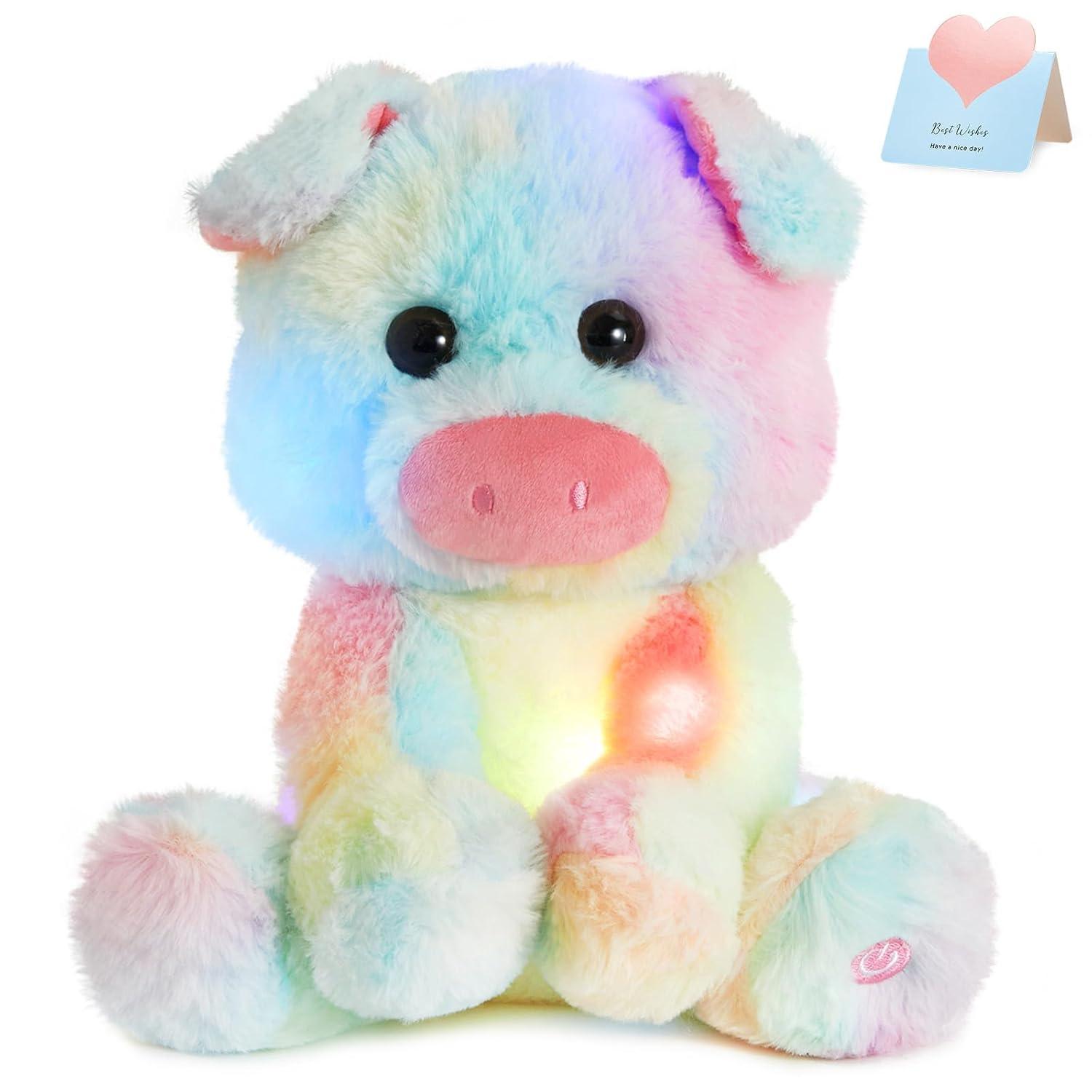 Glow Guards 12'' Light up Rainbow Piggy Stuffed Animal,LED Soft Farm Animal Pig Plush Toy with Night Lights,Ideal Children's Day Birthday Hoilday Gift for Toddler Kids