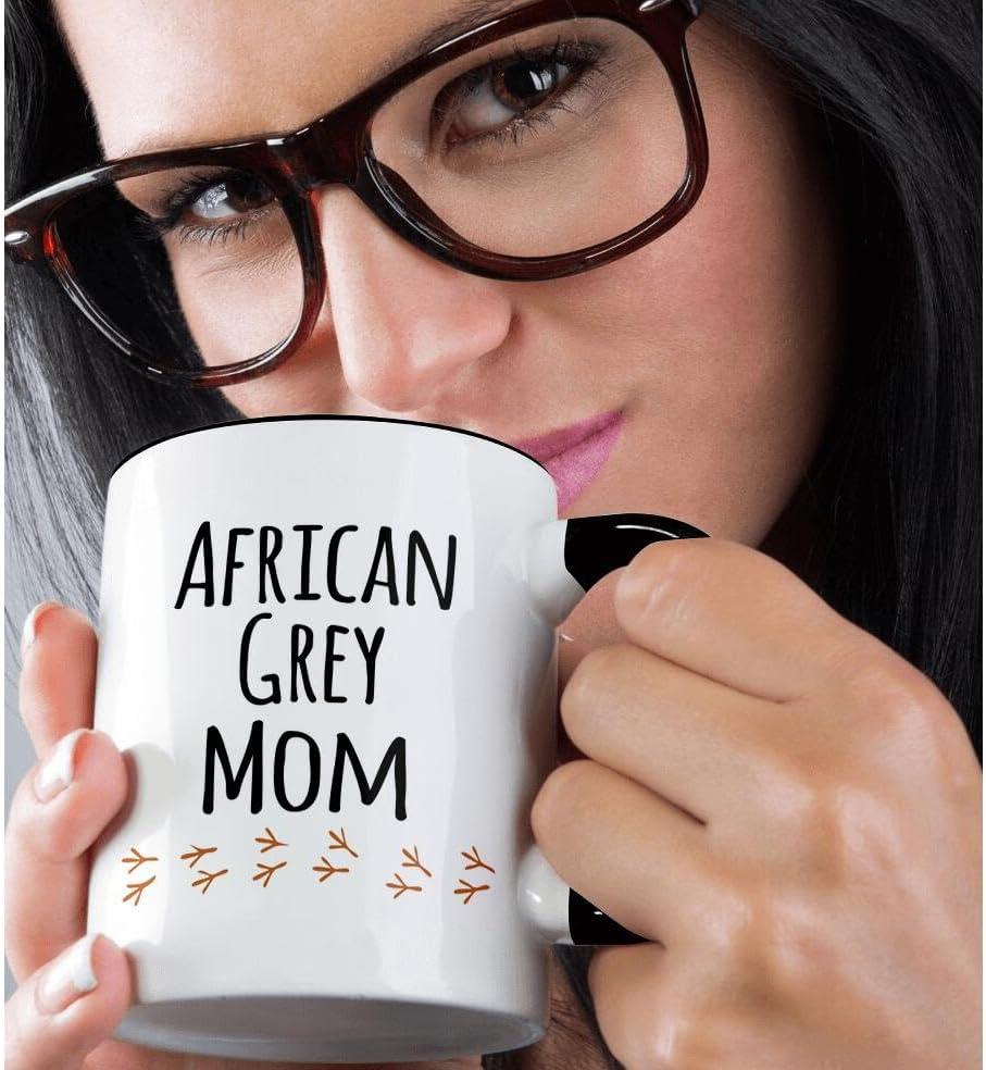 3dRose African Grey Parrot Mom - bird lover exotic pet owner - for her - text with bird footprints - Two Tone Black Mug, 11-ounce