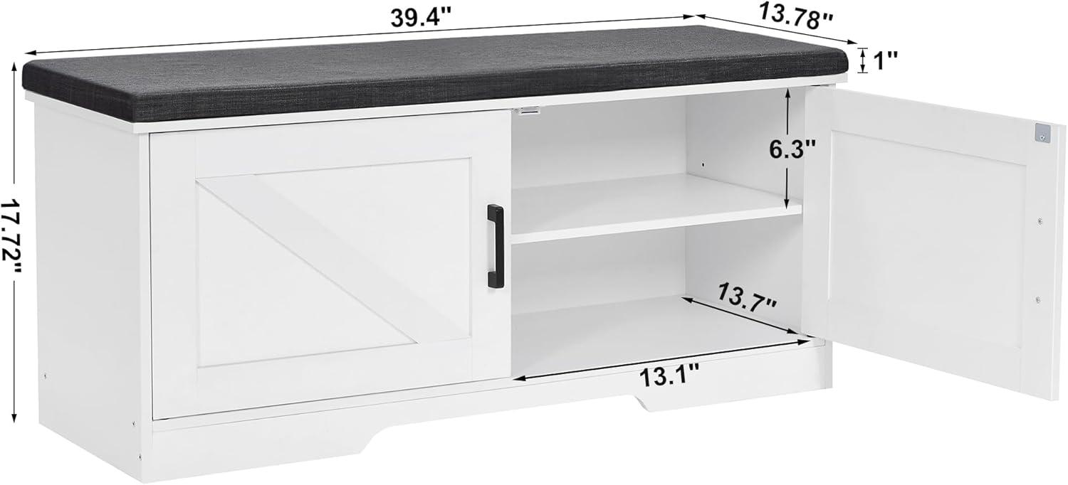 2-Tier Storage Bench, Shoe Bench with Padded Seat Cushion, Entryway Bench with 2 Barn Doors, Adjustable Shelf, 13.8" D x 39.4" W x 17.7" H, for Entryway, Living Room, Bedroom, White