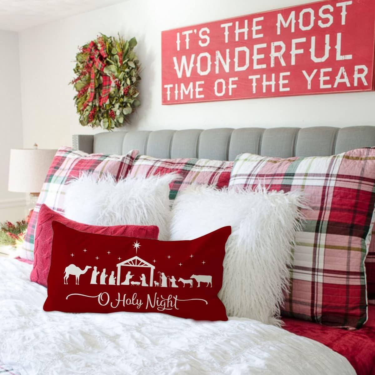 Christmas Pillow Covers 12x20,Merry Christmas Cross Joy Oh Holy Night Nativity Holiday Party Throw Pillow Cover Decorations Pillow Covers Farmhouse Pillows Decorative for Sofa Winter Home Decor